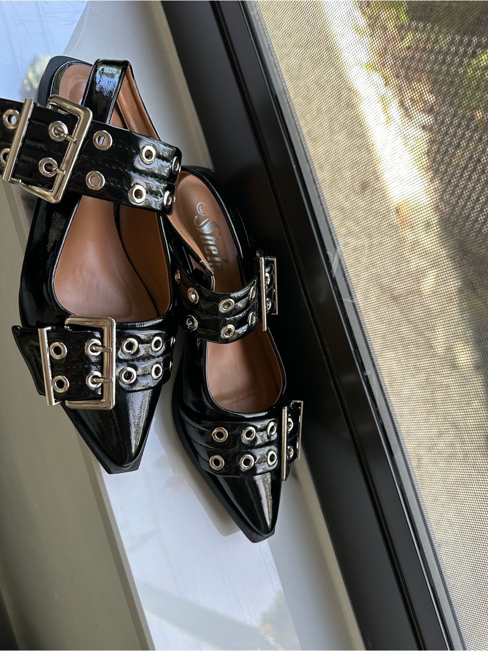 SHEIN Black Patent Pointed Mary Jane Flats with Buckle & Grommet Detail